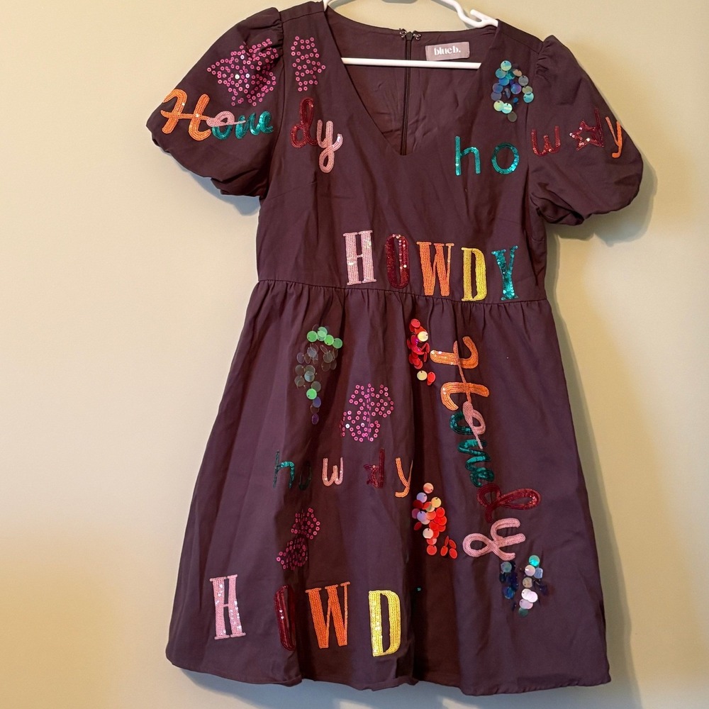 Blueb Collection Howdy Sequin Mini Dress Grey Western Puff Sleeve Small 22666D